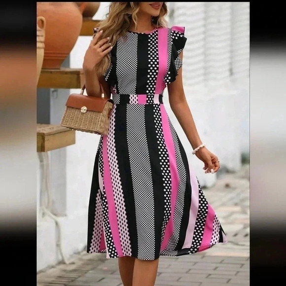 Polka Dot & Striped Print Ruffle Trim Dress - Picture 1 of 8